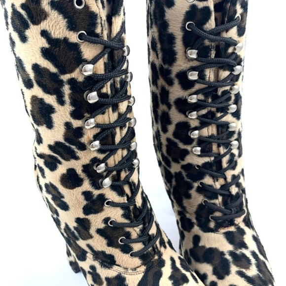 90's fuzzy leopard platform lace up boots - Picture 4 of 12